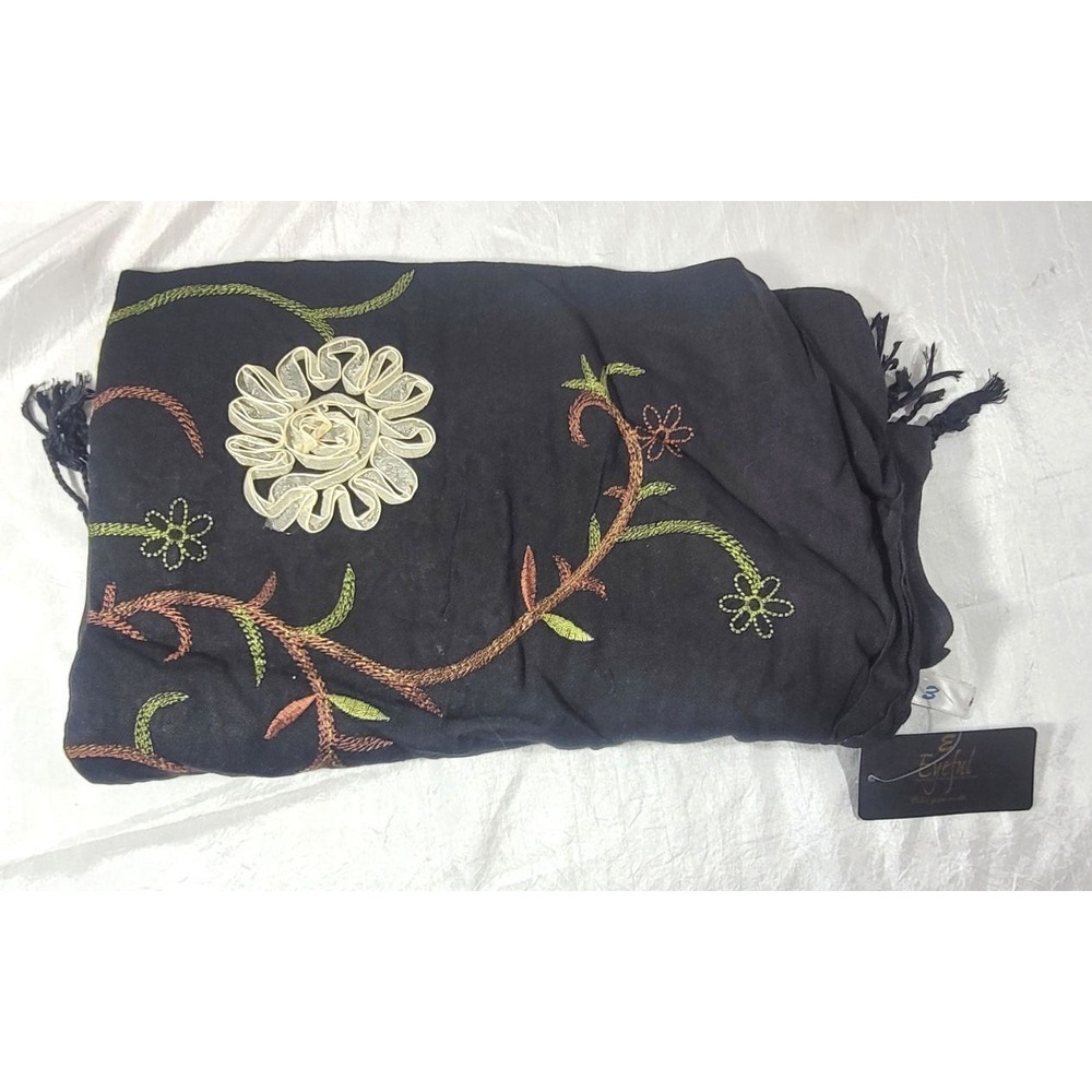 Eyeful 100% Viscose Floral Embroidery Scarf w/ Fringe - Black - 28x72
